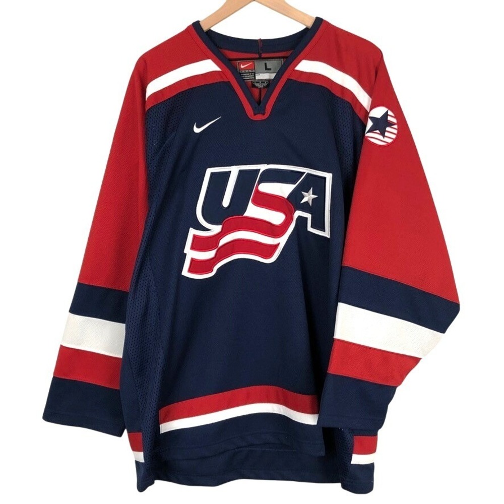 VTG NIKE Team USA Hockey Jersey Men's L Navy Red White 2002 Winter Olympics EUC